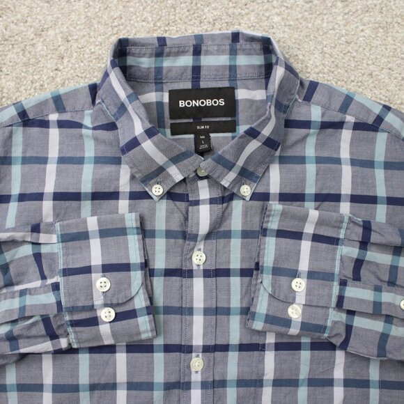 Bonobos Shirt Mens Large Blue Plaid Slim Fit 100% Cotton Long Sleeve Button - Picture 1 of 14